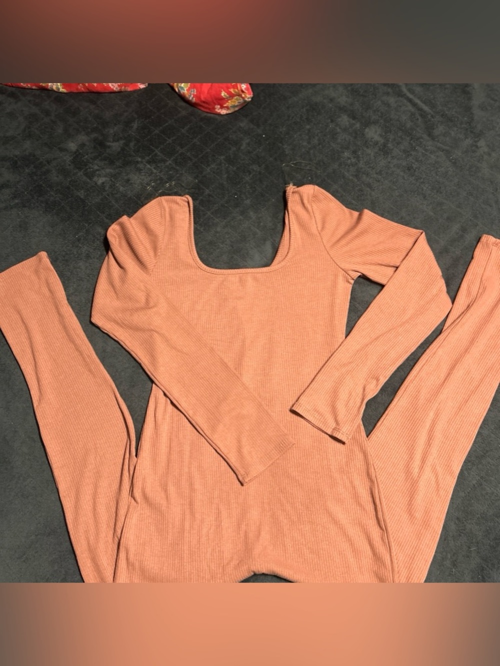 Bozzolo Ribbed Long Sleeve Square Neck Top - Peachy Coral